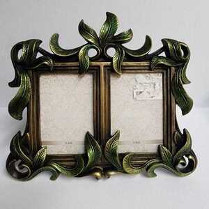 Vintage Style Ornate Leaf Double Picture Frame Bronze Green 3.5x5 Botanical